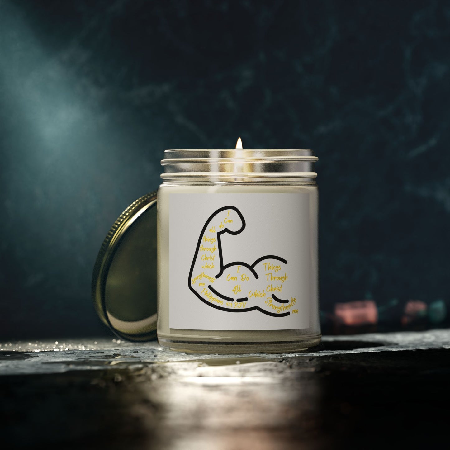 Philippians 4:13 KJV Scented Candle I Can Do All Things with Flexing Muscle Icon for Faith Based Candle Lovers