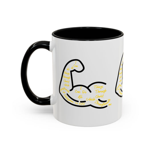 Philippians 4:13 KJV Coffee Mug I Can Do All Things with Flexing Muscle Icon for Faith Based Coffee Lovers