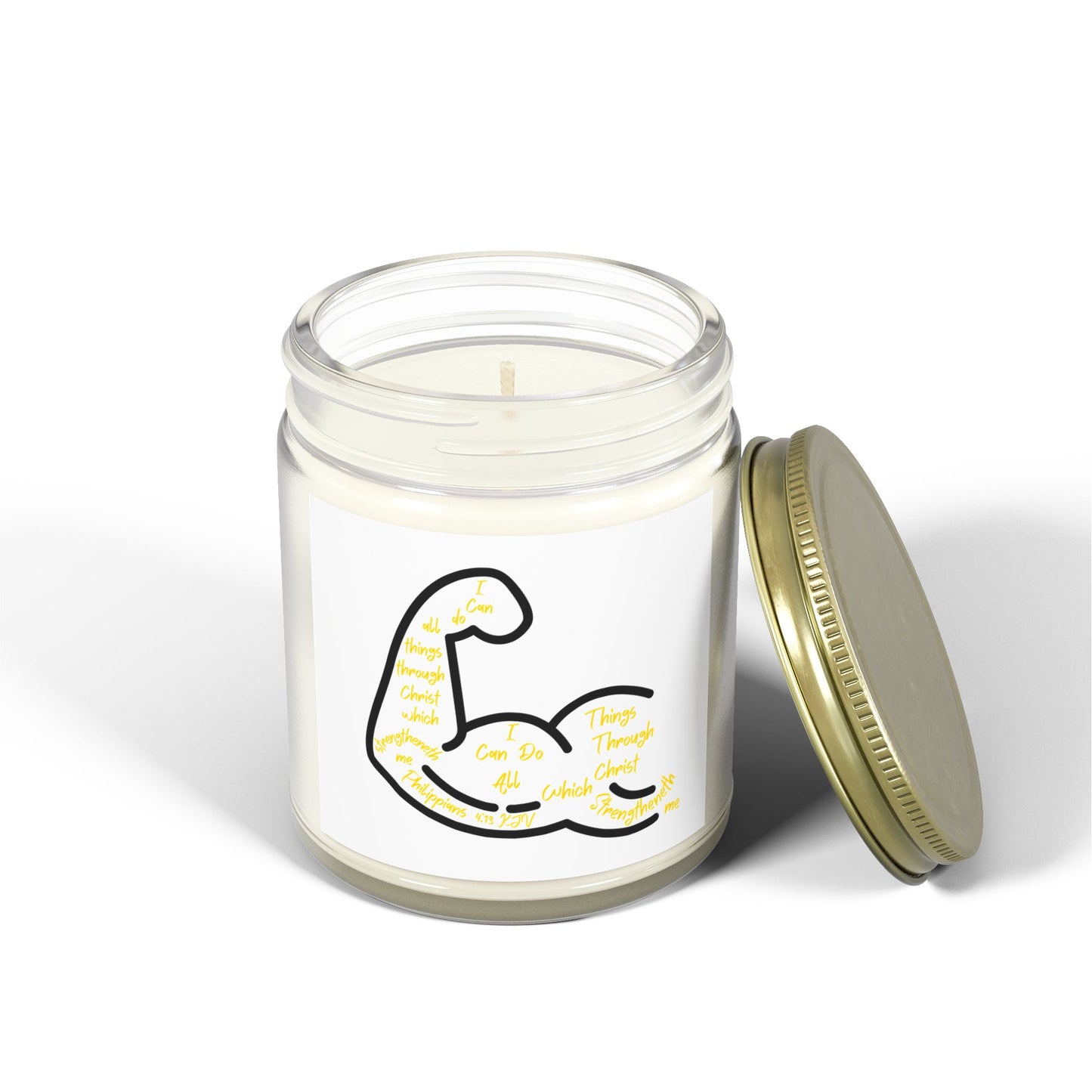 Philippians 4:13 KJV Scented Candle I Can Do All Things with Flexing Muscle Icon for Faith Based Candle Lovers