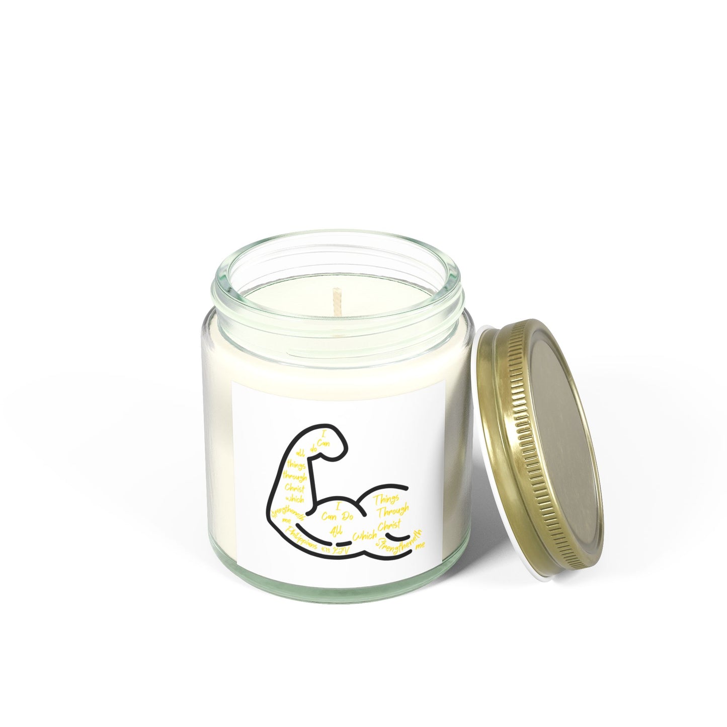 Philippians 4:13 KJV Scented Candle I Can Do All Things with Flexing Muscle Icon for Faith Based Candle Lovers