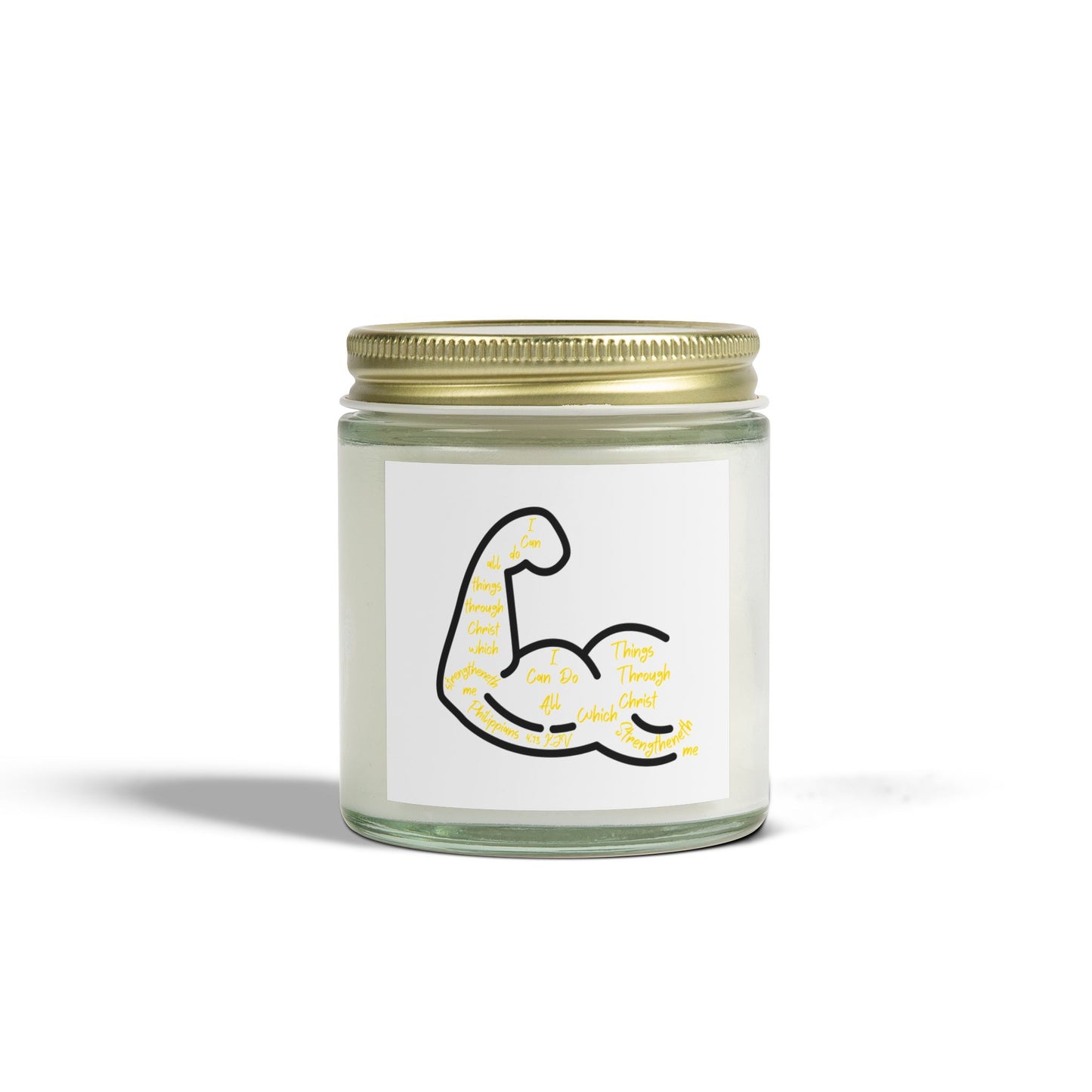 Philippians 4:13 KJV Scented Candle I Can Do All Things with Flexing Muscle Icon for Faith Based Candle Lovers