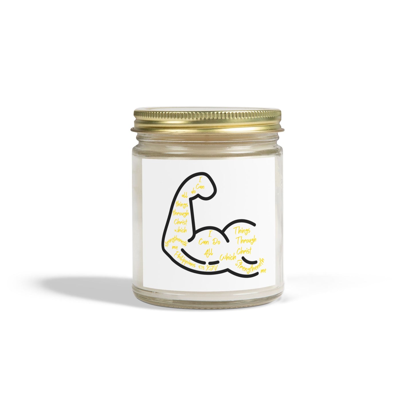 Philippians 4:13 KJV Scented Candle I Can Do All Things with Flexing Muscle Icon for Faith Based Candle Lovers