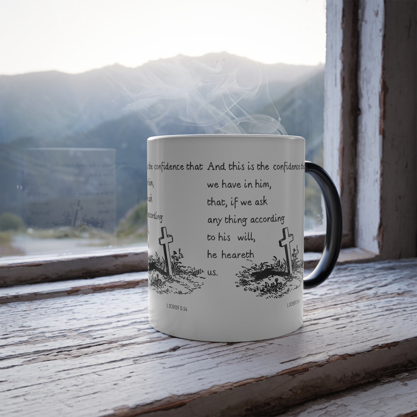 1 John 5:14 KJV Color Morphing Coffee Mug Confidence in Him Biblical Gift for Faith Based Coffee Lovers